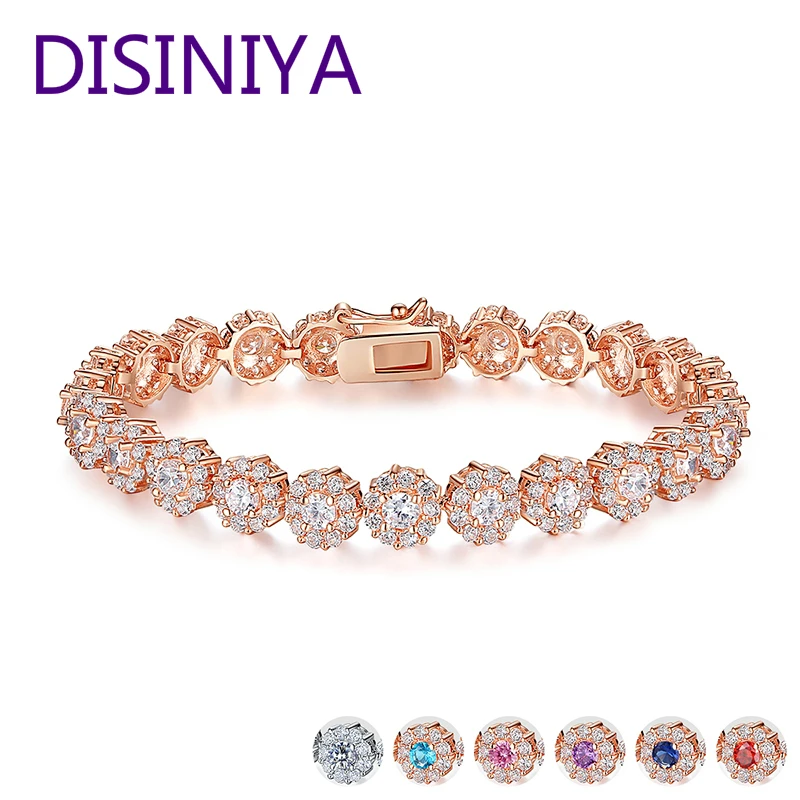 

DISINIKYA 7 Colors Rose Gold Color Chain Link Bracelet for Women Ladies Shining AAA Cubic Zircon Crystal Jewelry Gift JIB012