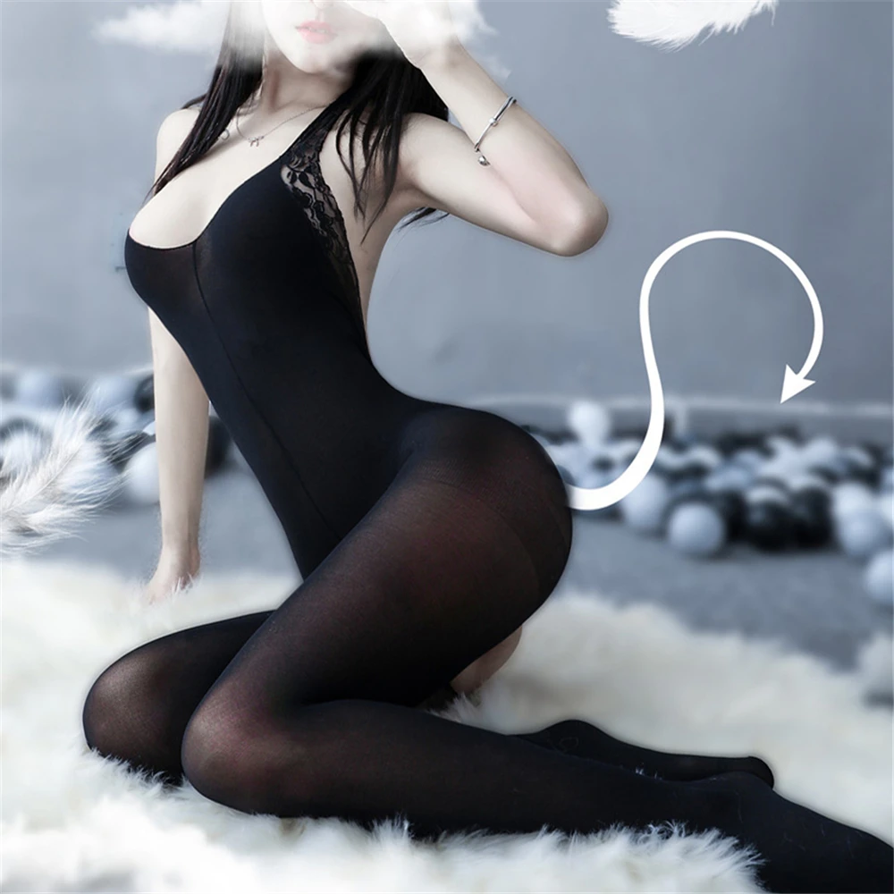 Women Underwear Sexy Lingerie Crotchless Silk Bodystocking Female Full Body Pantyhose Ultra-thin Transparent Long-sleeve Open Crotch Tights Lingerie Teddy