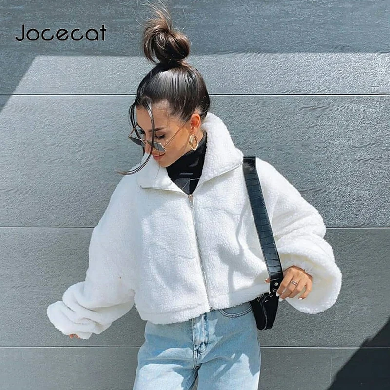

Jocecat Korean Fashion Oversized Autumn Winter Coat Women Fluzzy Warm Cropped Jackets Overcoat Zipper Turtleneck 90s Outwear