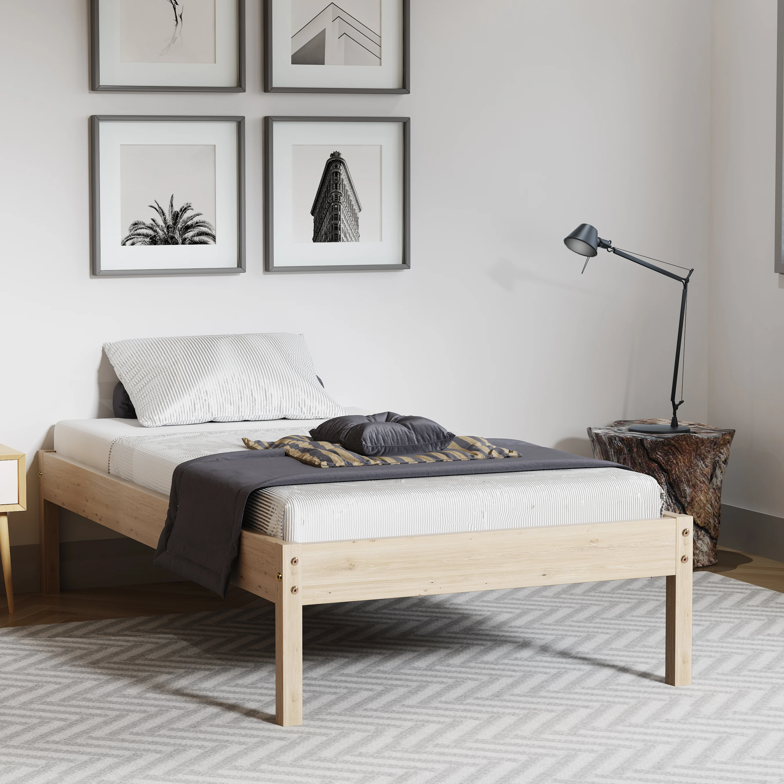 

H.J wedoo rustic wooden bed frame with support legs, solid spruce wood bed for bedroom, natural wood color, 100*200cm