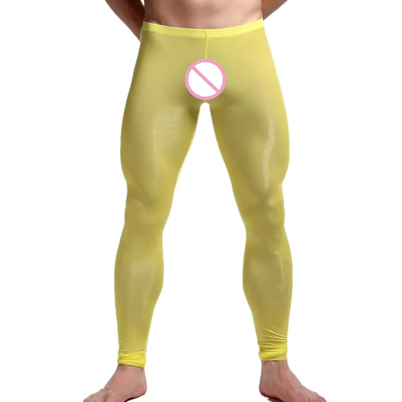Men's Ice Silk Long Pants Bulge Pouch Tights Nylon Sheer