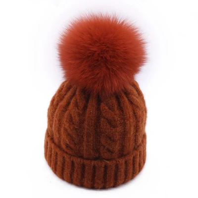 Orangered - Fox Fur Зимняя женская вязаная шапка Skullies Женская бини шапки с настоящим помпон из лисьего меха роскошный Gorro; теплый лыжный головной убор для девочек ярких цветов - Цвет: Orangered - Fox Fur