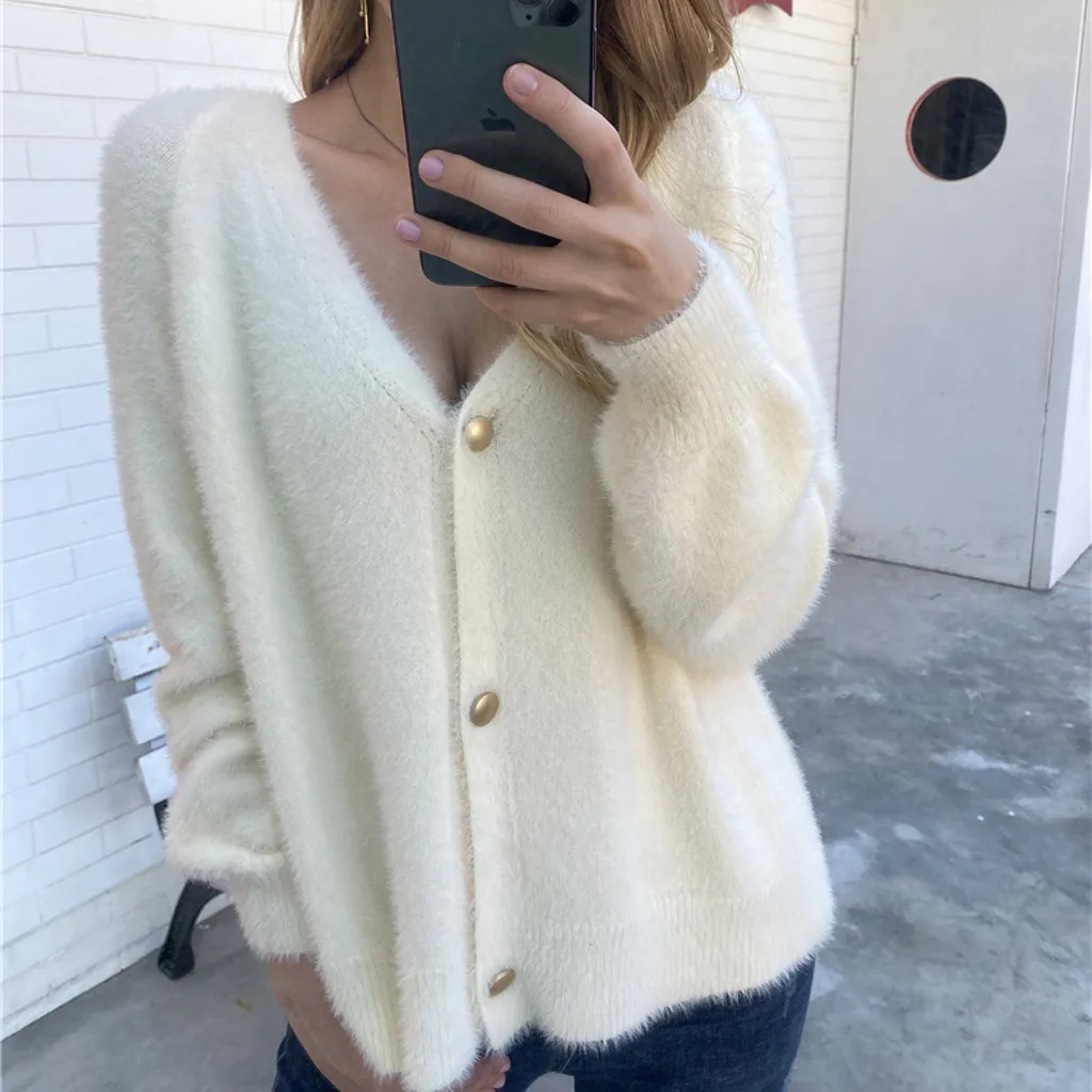 Ladies fashion V-neck solid color button loose knit sweater with | Женская одежда