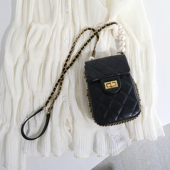 

Fashion Mobile Phone Bag Female Crossbody Diamond Lattice Chain Bag Sweet Pearl Single Shoulder Women Lipstick Pocket A763