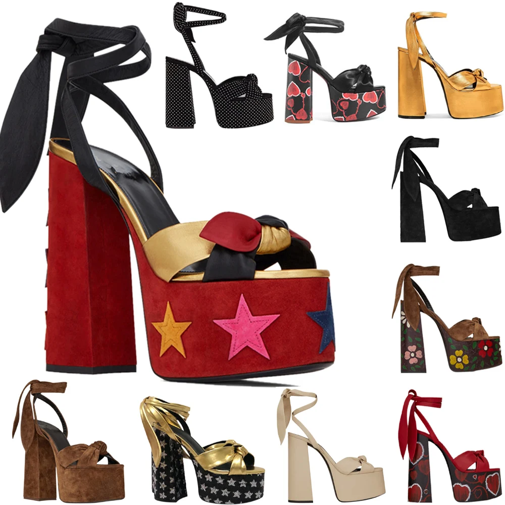 Women Chunky High Heels Lace-up Sandals Sexy Platform Round Toe Evening Party Shoe Ankle Strap Ball Summer Lady Sandals 1-D-SL-4
