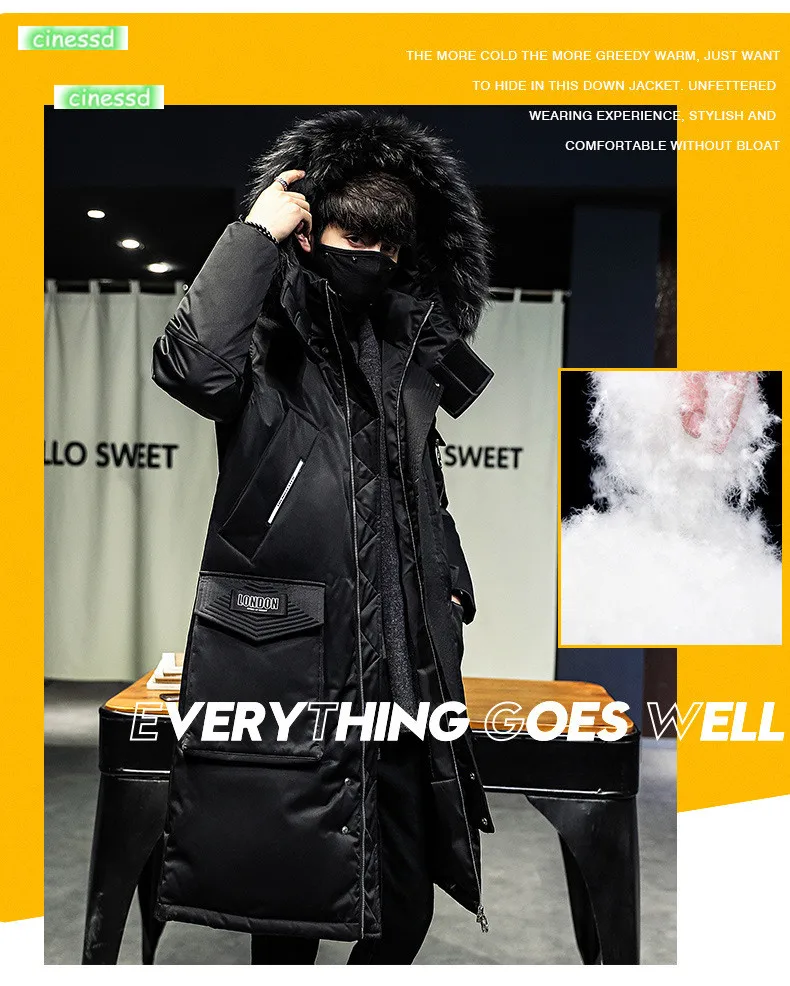 Cinessd новая зимняя пуховая куртка мужская длинная куртка в Корейском стиле; теплая Модная Повседневная пуховая куртка прилив бренд мужской одежды