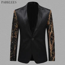 Черный мужской блейзер с золотыми цветочными блестками, мужской блейзер с зубчатым отворотом, мужской пиджак, Свадебные вечерние мужские блейзеры для ночного клуба, Hombre