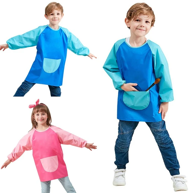 Delantal de dibujo para niños, baberos con mangas largas, bolsillo,  impermeable, pintura, alimentación, delantal, babero