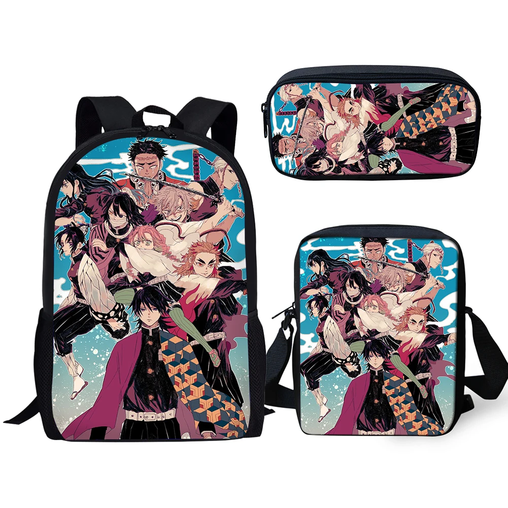 3PCs Set Children Backpack Demon Slayer: Kimetsu no Yaiba Kids School Bags Cartoon Design Primary Students Rucksack Knapsack