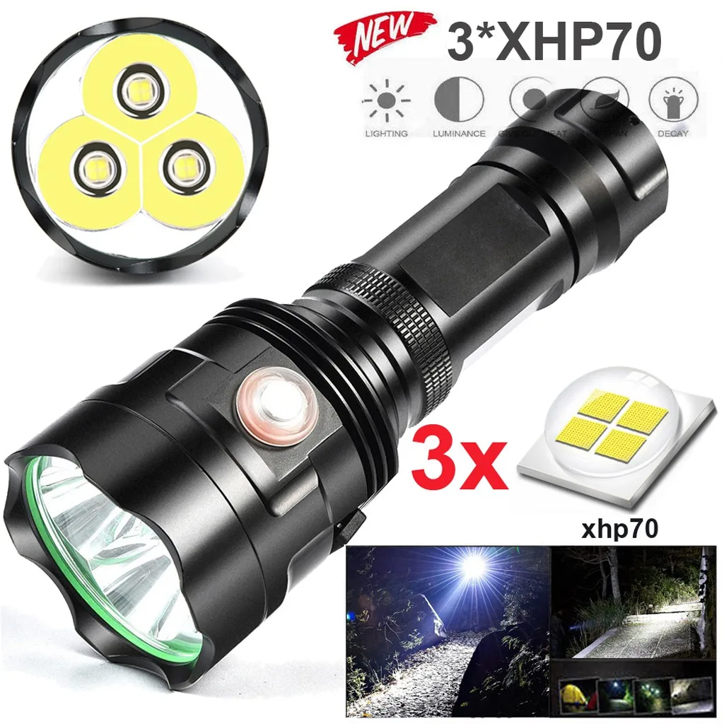 Светодиодный фонарик 3* XHP70, USB Перезаряжаемый водонепроницаемый фонарь, ультра яркий фонарик, USB Перезаряжаемый водонепроницаемый фонарь