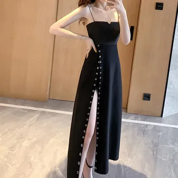 

BGW Women Sexy Spaghetti Strap High Split Side Evening Dress High Waist Elegant Sleeveless Party Prom Dress Black Платье Черное