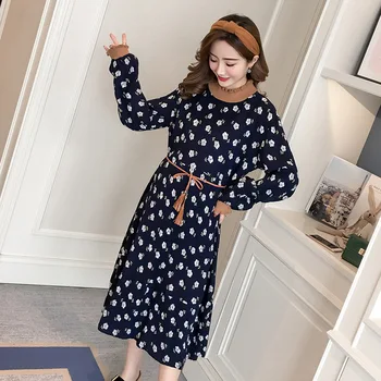 

Autumn Clothing New Style Nursing Dress Fashion Floral Korean-style Mid-length Maternity Dress with Belt