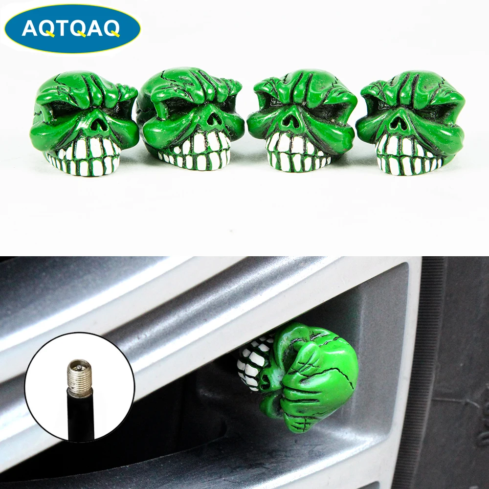 Set of 4 Skull Design Tire Valve Dust Caps for Vehicles and Bicycles