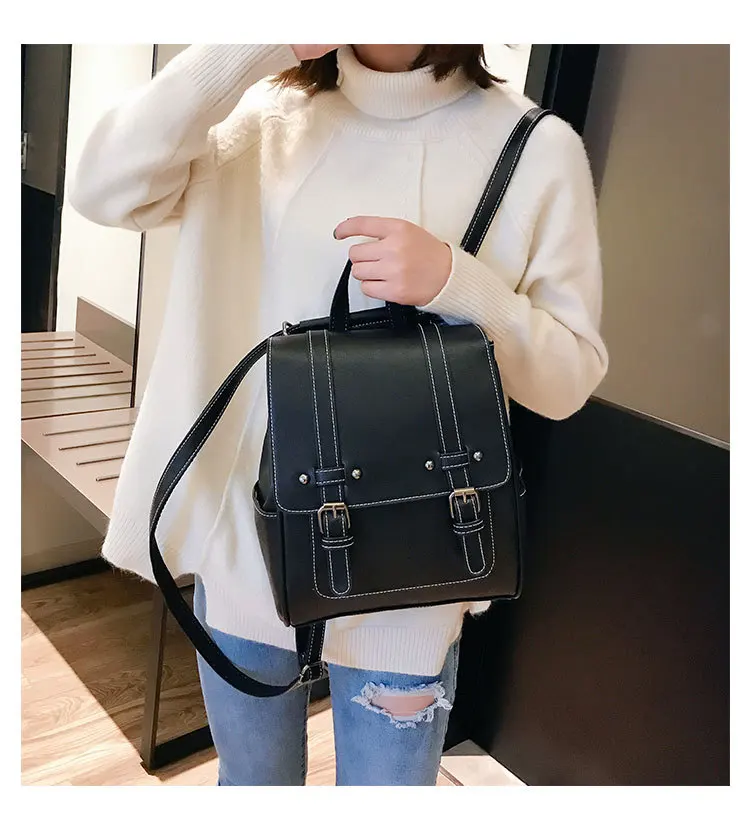 2019 Vintage Women Backpack Purse School Bag for Teenage Girls Retro Leather Backpacks Black Red Travel Back Pack Small Rucksacks (8)