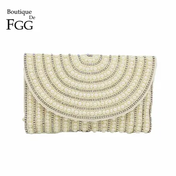 

Boutique De FGG Handmade Crystal Beaded Women Beige Evening Envelope Clutch Purse Wedding Party Dinner Cocktail Handbag Bag