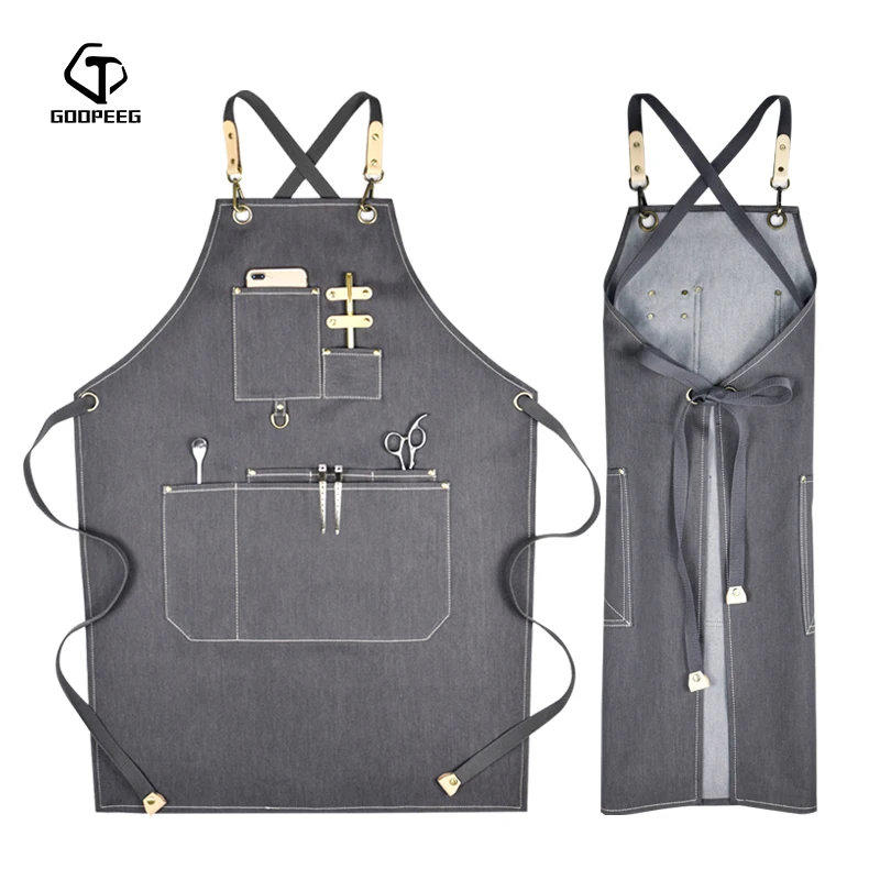 GOOPEEG fashion cotton denim apron LOGO custom coffee baking cake tea shop kitchen men and women overalls