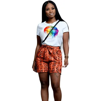

Summer Two Piece Short Set Women Rainbow Lip T-shirt and Snakeskin Shorts Suit 2 Piece Club Outfits Sporty Active Wear Tracksuit