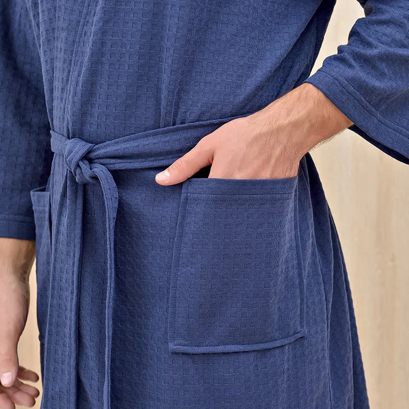 Осенне-зимний банный халат, халат для мужчин и женщин, вафельная водопоглощающая быстросохнущая Пижама-халат для влюбленных, домашняя одежда - Цвет: NavyBlue