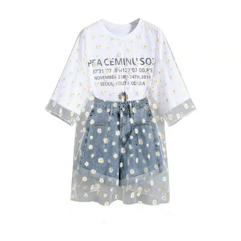 2021 Summer shorts sets for Women daisy embroidery Mesh Patchwork Long T-shirt + Denim Shorts 2 Piece sets Plus size sweet suits matching top and trousers set