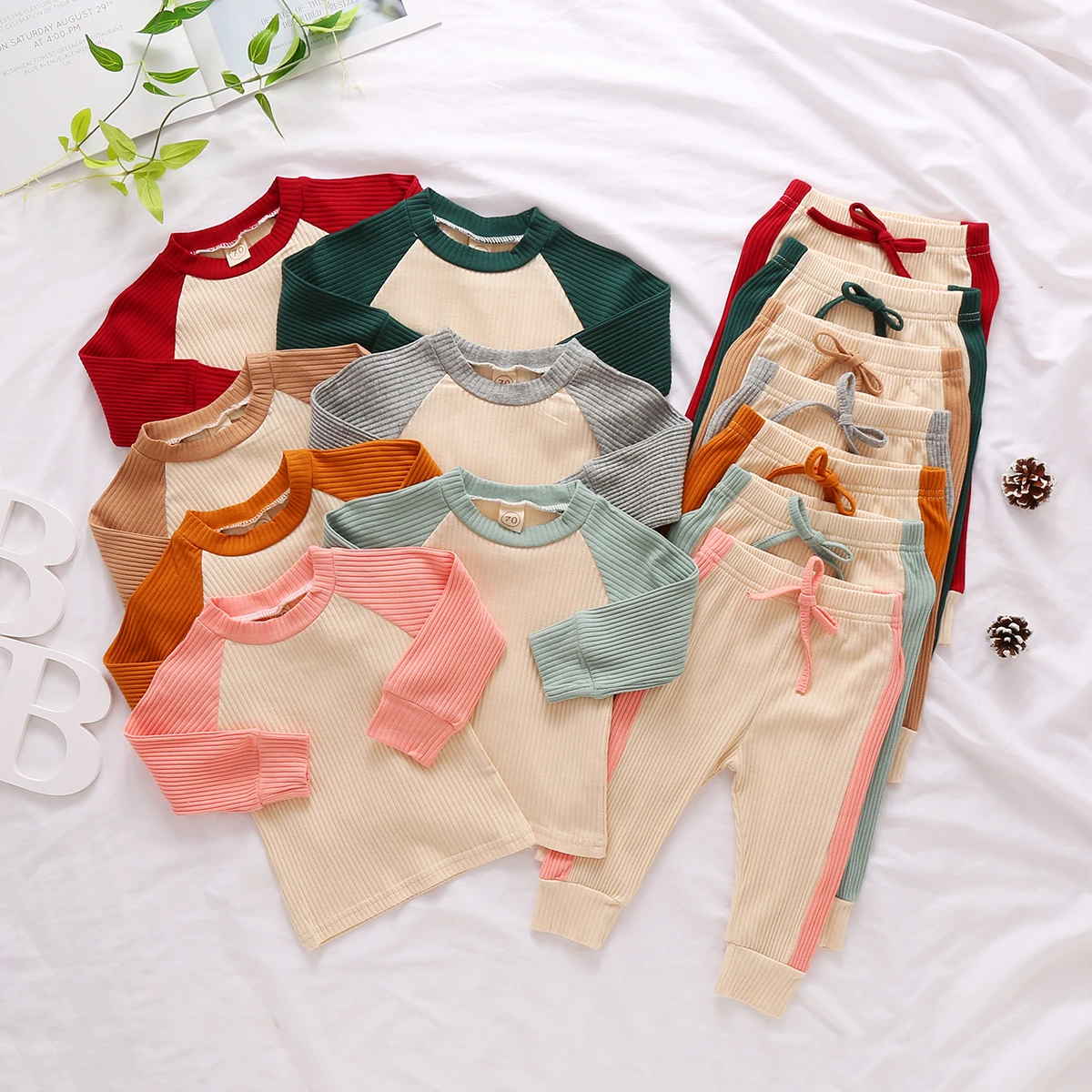 

Baby Fall Shirt, Jogger Pants Suit, Knitting Patchwork Dye Printed Lace-up Waist Round Neck Long Sleeve Clothes