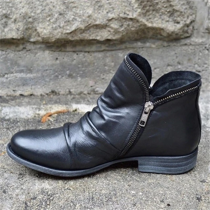 

Siddons Women's Boots 2020 Leather Ankle Boots Flats Shoes Autumn Winter Snow Boots Zipper Design Punk Ladies Shoes Boats Mujer