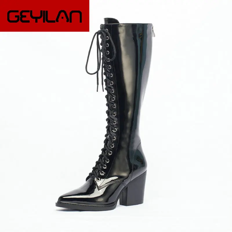 

Women Cow Leather Patent Leather Fashion Knee High Boots Sexy Pointed Toe Back Zipper Martin Boots Autumn Winter High Heel Shoes