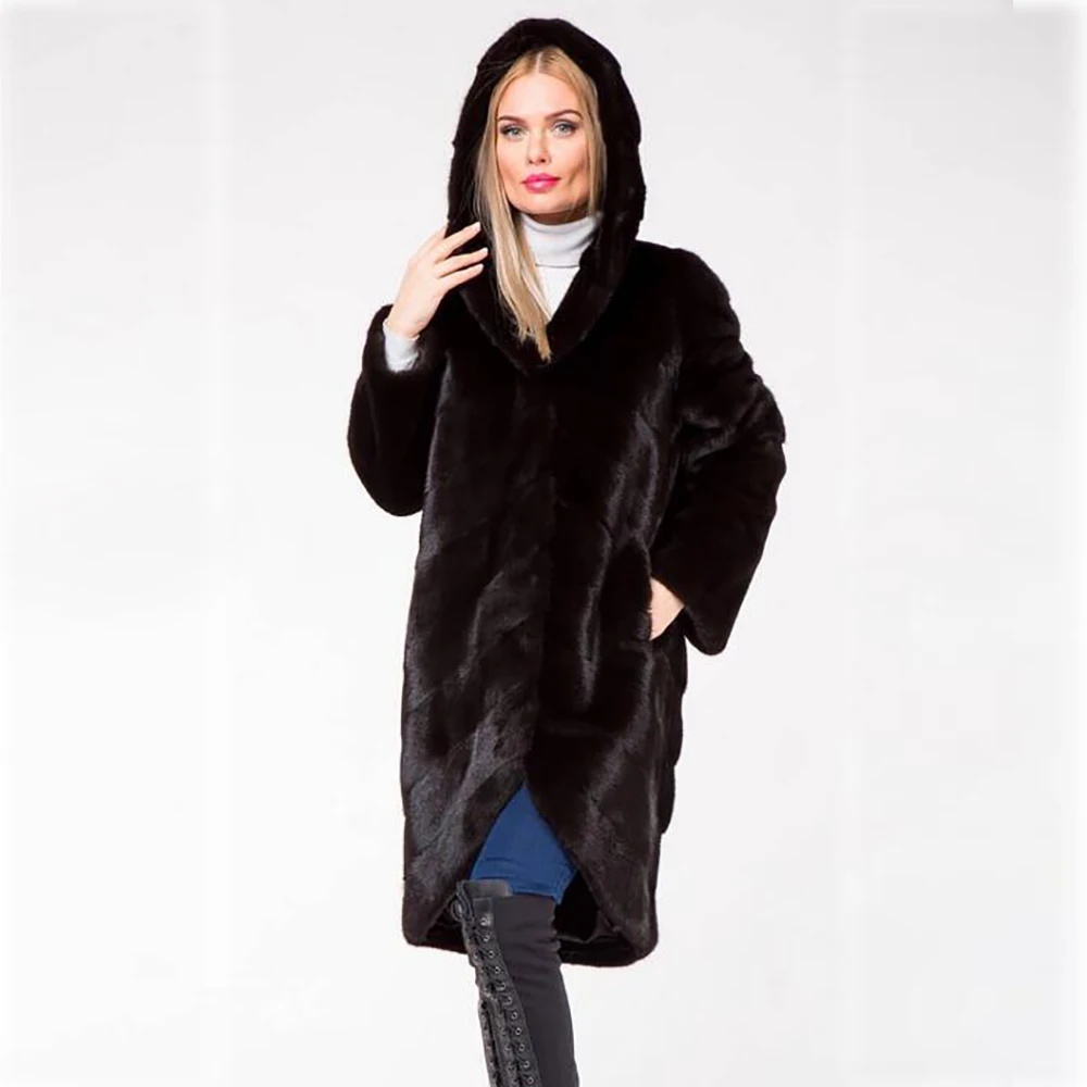 100cm black Новинка, шуба из натурального меха норки с капюшоном, женская шуба из натурального меха норки, большая верхняя одежда, теплая зимняя шуба из натурального меха, куртка, настоящая роскошь - Цвет: 100cm black