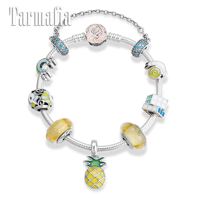 New 925 Sterling Silver Finished Charm Bracelet Colorful Enamel CZ Rainbow pineapple Beads Snake Chain Bracelet DIY Jewelry