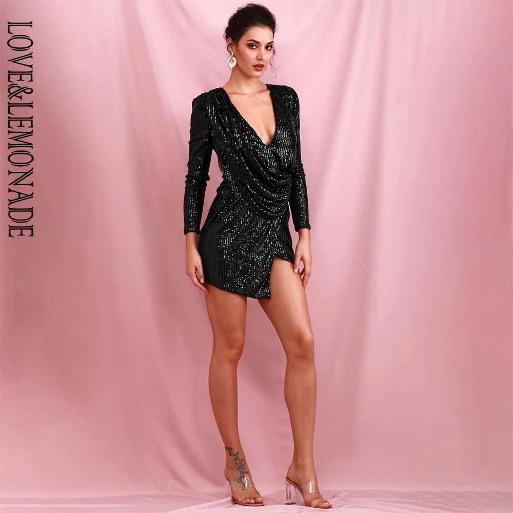 LOVE&LEMONADE Sexy Black Deep V-neck Draped Elastic Sequin Cross Bodycon Long Sleeve Party Mini Dress LM82186 LM82186