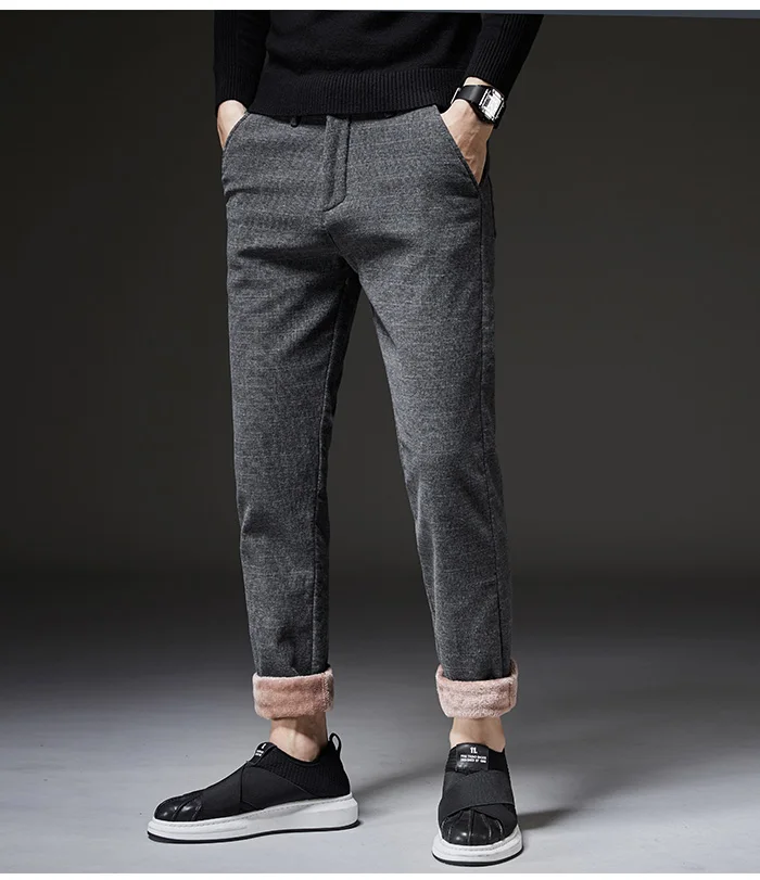 Брендовые мужские Зимние флисовые утепленные повседневные штаны, мужские деловые прямые эластичные плотные клетчатые хлопковые черные брюки для мужчин
