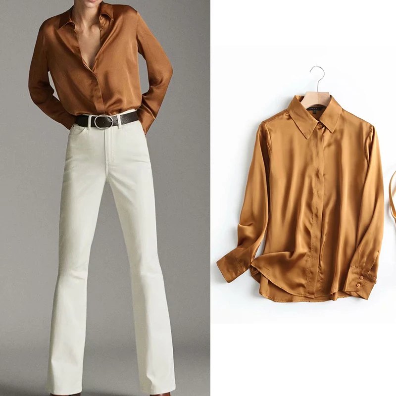

2020 Za Shirt Women Silk Casual Office Wear Blouse Solid Satin Elegant Womens Tops and Blouses Chic Retro Ropa Mujer