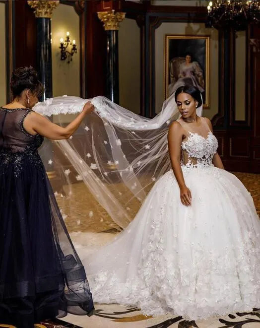 

African Luxury 3d flower lace Ball Gown Wedding Dresses cathedral train see through backless Bridal Gowns wedding gowns