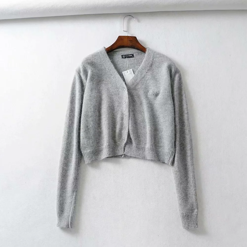 Серый Осенний Стильный вязаный однобортный Кардиган, мохнатый женский свитер с v-образным вырезом и длинным рукавом, джемпер kleding jerseis, 8 цветов - Цвет: Серый