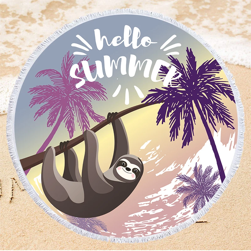 Creative Sloth Pattern Summer Beach Towel with Drawstring Bag Portable Round Microfiber Bath Towel Outdoor Travel Yoga Blanket