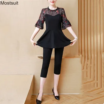 

Summer Elegant Fashion Outfit Plus Size Women Two Piece Set Long Sleeve Tunic Printed Tops And Calf-length Pants Sets Suit 2020