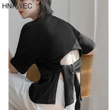 

Women Bacless Solid Color Bow Bandage T-shirt New Round Neck Short Sleeve Fashion Tide Spring Autumn 2020 T425