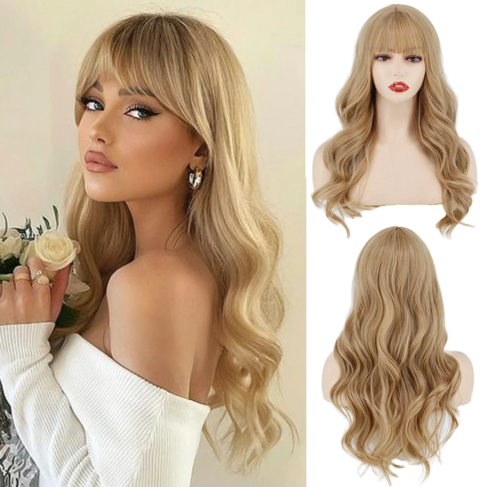 

Synthetic Wig Blonde with Bangs Long Wavy Ombre Curtain Bang Wigs for White Women Light Blond Dark Roots Heat Resistant Hair Nat