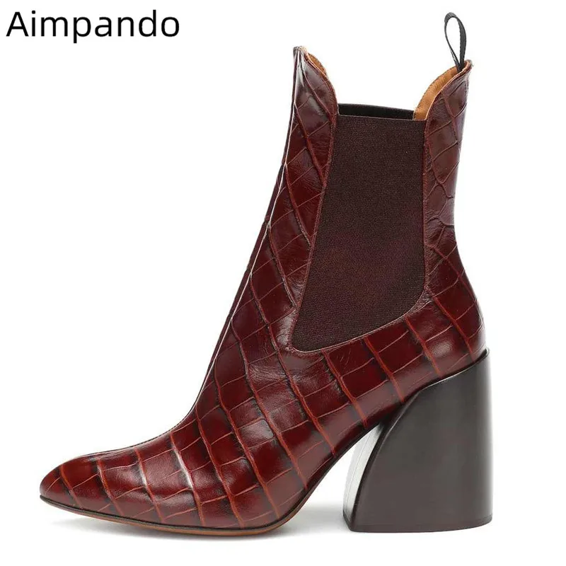 

Serpentine Pattern Boots Women Point Toe Slim Slip On Party Bottes Chic Chunky Strange High Heel Ankle Boots Woman 2020