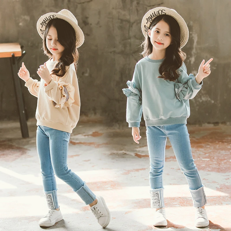 Lace Cotton Children's Sets Girls Long Sleeve Hoodies+ Denim Jeans 2pcs Kids Tracksuits Spring Autumn Casual Sports Outfits