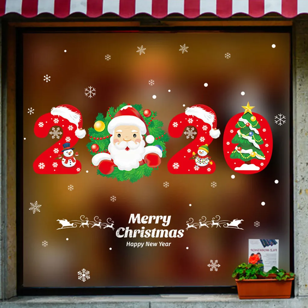 Cartoon Christmas Stickers for Window Showcase Removable Santa Clause Snowman Home Decor Adhesive PVC New Year Glass Mural