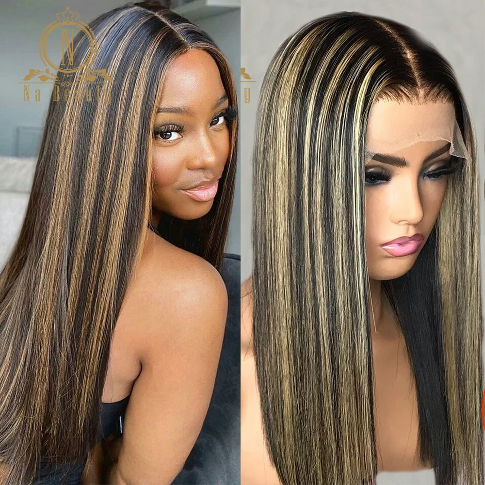 Human Hair Wig Honey Blonde Ombre Straight Highlight Color Hair 4x4 Closure  Wig Pre Plucked For Black Women Nabeauty Remy 150 - Lace Wigs - AliExpress