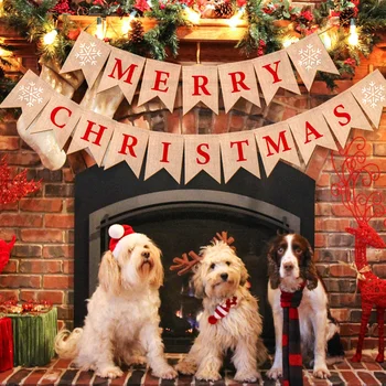 

Jute Burlap Merry Christmas Banner Fabric Bunting Flags Hanging Garland Christmas Decoration for Home Outdoor Banner Navidad