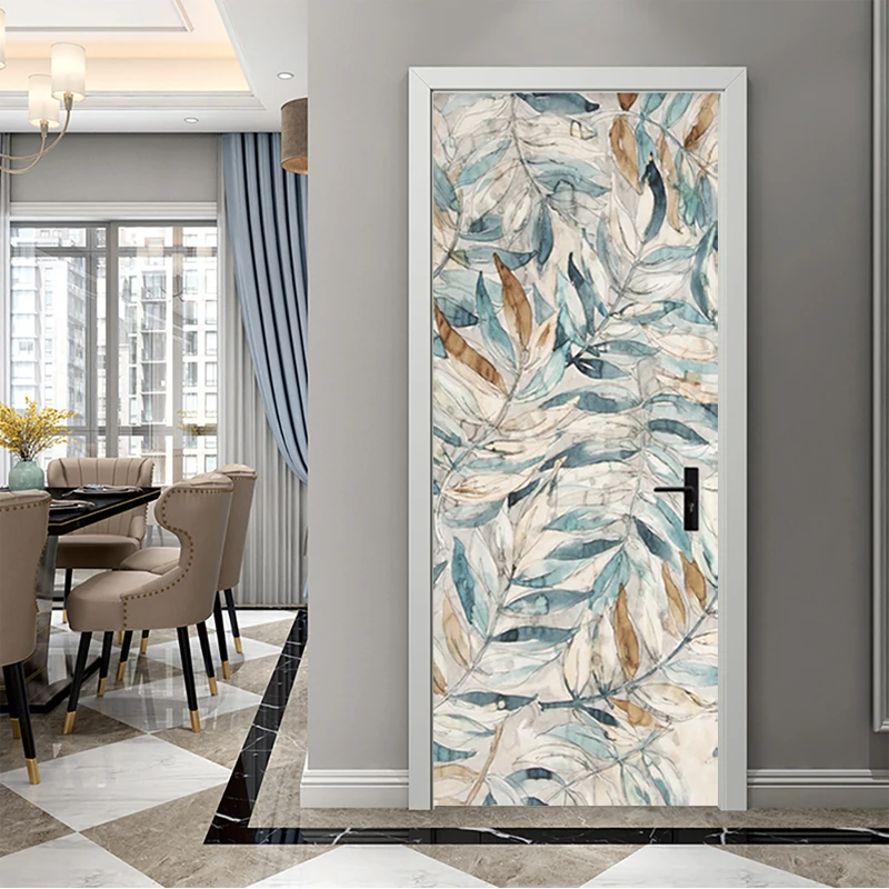 Modern Retro Leaves Door Sticker Living Room Bedroom Door Poster