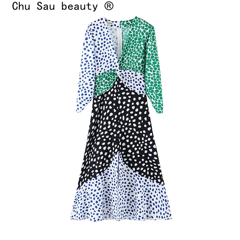 

Chu Sau beauty Sweet Chic Vintage Patchwork Midi Dress Women Holiday Fork V-neck Beach Dresses Vestidos De Fiesta Party Wear