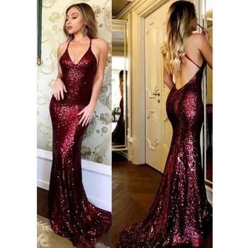 

Floor Length Mermaid Evening Dress Sexy V-Neck Sleeveless Women Party Dress Mulberry Sequins Plus Size Prom Gown Robe De Soiree