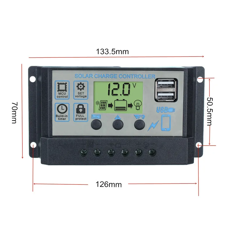 ЖК-дисплей двойной USB Автоматический Контроллер панели солнечных батарей 60A/50A/40A/30A/20A/10A 12 В 24 В ШИМ-контроллеры 5 В выход Регулятор солнечной панели