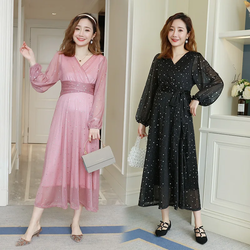 

Star Bronze Maternity Dress 2019 Spring New Style Elasticity Gauze Long Skirts Cross Neck-Nursing Dress