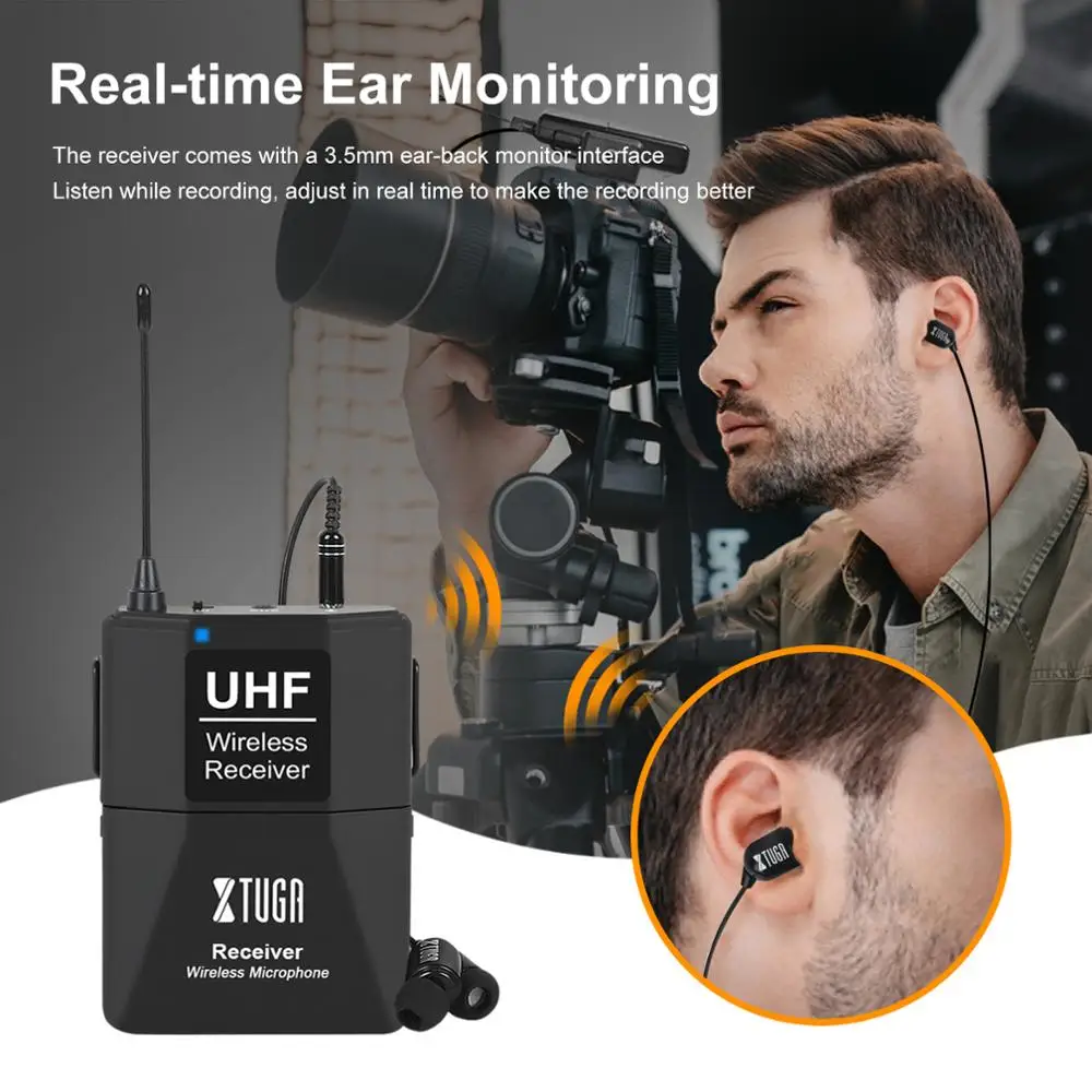 US $43.98 XTUGA Dual Channels Camera Mic UHF Wireless Lavalier Microphone With Audio Monitor Function For Phone DSLR Camera DV Camcorder