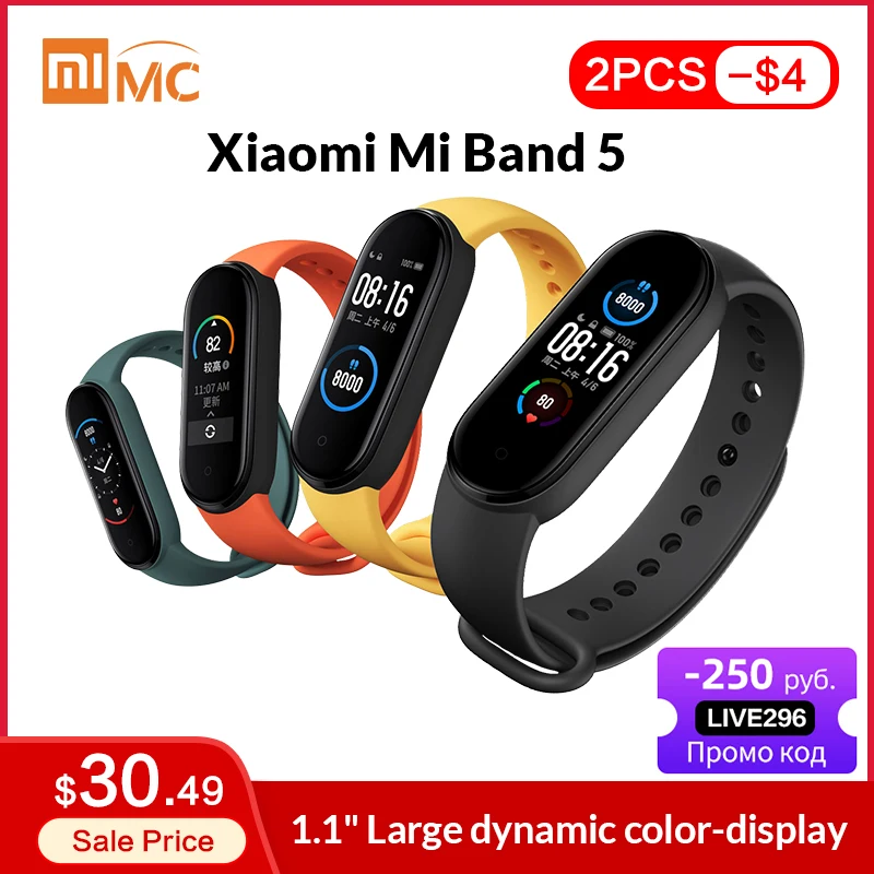  Оригинальный умный Браслет Xiaomi Mi Band 5 1,1 "AMOLED цветной экран фитнес трекер сердечного ритма Bluetooth 5,0 водонепроницаемый Miband5, в наличии, Ски…