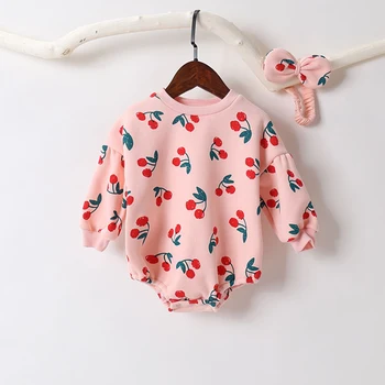 

2020 New Arrival Spring 0-24M Baby Girl Romper 2pcs Cotton Infant Long Sleeve Cherry Print Jumpsuit+Headband Newborn Set